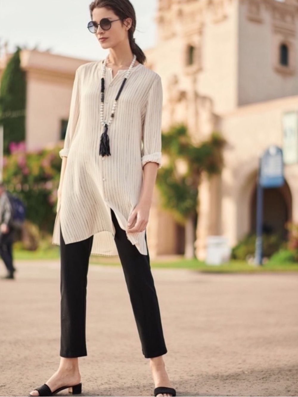 Eileen Fisher White Painterly Striped 100% Silk Long Shirt Tunic Top S Petite